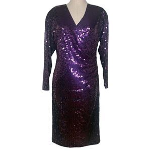 Vintage Oleg Cassini Purple Sequined Dress sz 10 * 80s Faux Wrap Sequin Party
